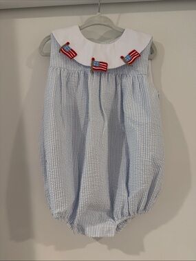 Little English Blue and White Seersucker Romper with Flag Appliqués